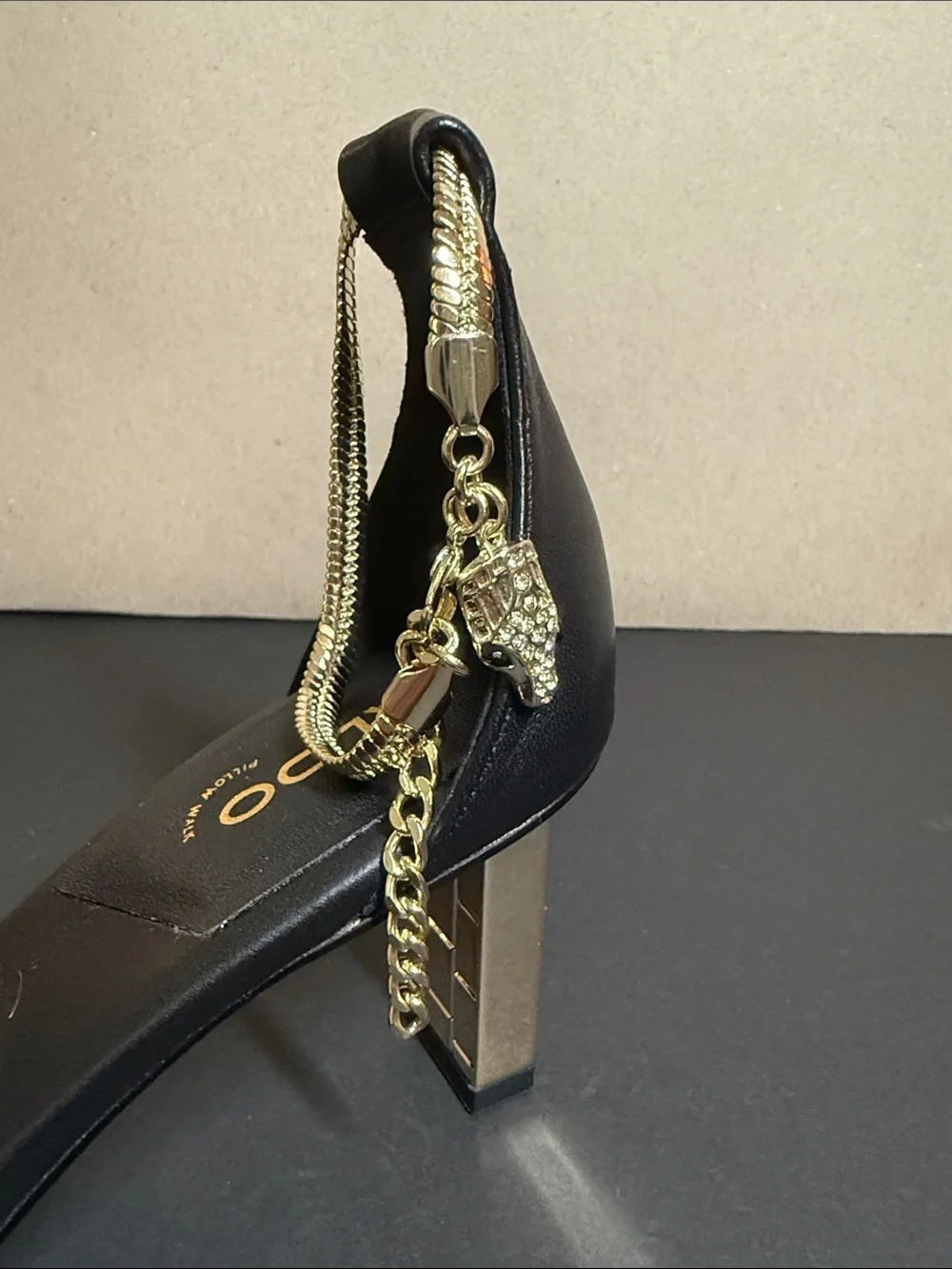 Aldo Black Square-Toe Block Heel Sandals with Gold Chain